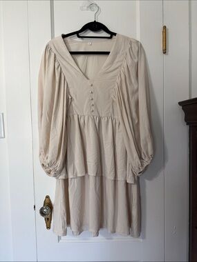 SHEIN Cream V-Neck Buttoned Tiered Long Sleeve Dress